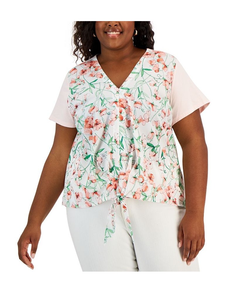 Plus Size Floral-Print Tie-Front Top Bright White Multi $32.67 Tops