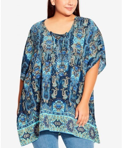 Plus Size Tie Detail Poncho Top Paisley Plunge Border $23.52 Tops