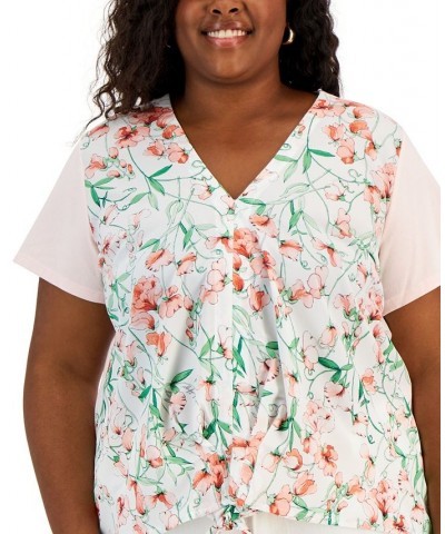Plus Size Floral-Print Tie-Front Top Bright White Multi $32.67 Tops