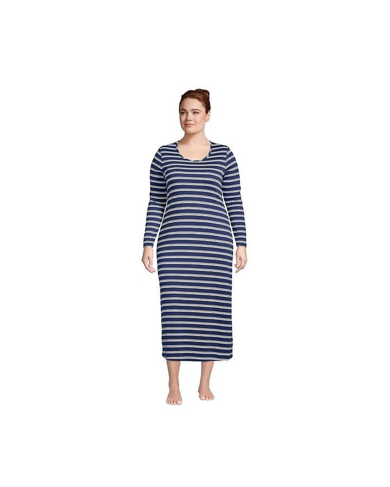 Women's Plus Size Supima Cotton Long Sleeve Midcalf Nightgown Deep sea navy founders stripe $31.96 Sleepwear