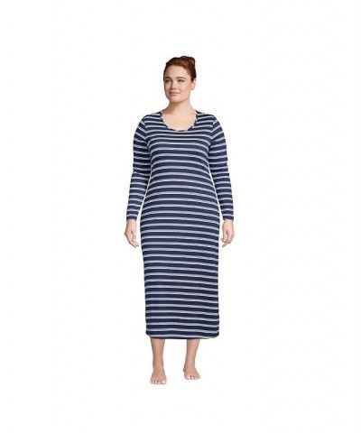 Women's Plus Size Supima Cotton Long Sleeve Midcalf Nightgown Deep sea navy founders stripe $31.96 Sleepwear