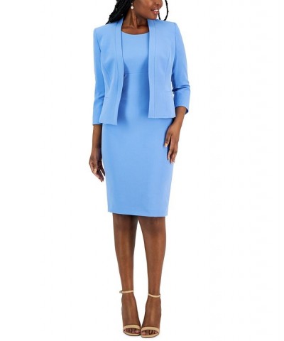 Crepe Open Front Jacket & Crewneck Sheath Dress Suit Regular and Petite Sizes Blue $130.20 Suits