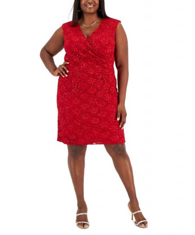 Plus Size Embellished Lace Side-Pleated Dress Scarlet $51.23 Dresses