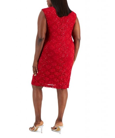 Plus Size Embellished Lace Side-Pleated Dress Scarlet $51.23 Dresses