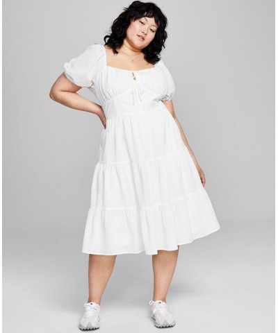 Plus Size Sweetheart-Neck Puff-Sleeve Tiered Midi Dress White $17.38 Dresses