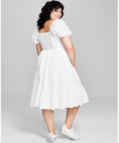 Plus Size Sweetheart-Neck Puff-Sleeve Tiered Midi Dress White $17.38 Dresses