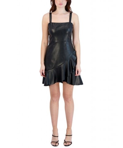 Women's Faux-Leather Flounce-Hem Mini Dress Black $55.20 Dresses