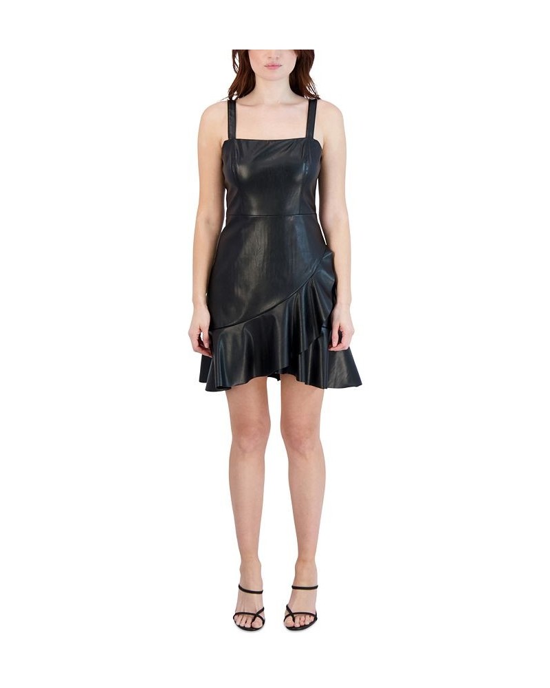 Women's Faux-Leather Flounce-Hem Mini Dress Black $55.20 Dresses