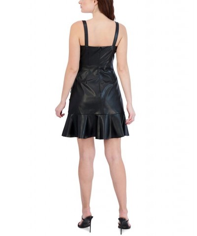 Women's Faux-Leather Flounce-Hem Mini Dress Black $55.20 Dresses