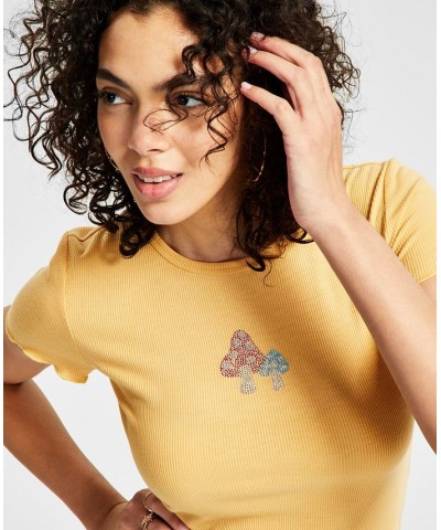 Juniors' Crewneck Short-Sleeve Rhinestone T-Shirt Yellow $9.87 Tops