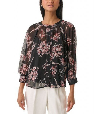 Women's Signature-Print Chiffon Blouse Black/ Dune Pink Multi $27.88 Tops