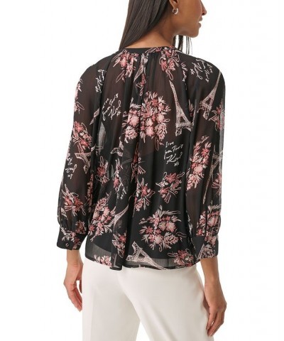 Women's Signature-Print Chiffon Blouse Black/ Dune Pink Multi $27.88 Tops