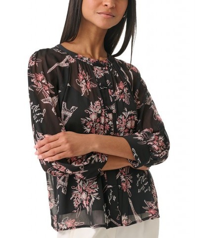 Women's Signature-Print Chiffon Blouse Black/ Dune Pink Multi $27.88 Tops