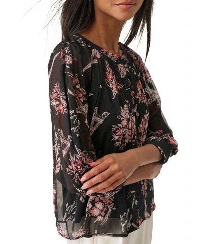 Women's Signature-Print Chiffon Blouse Black/ Dune Pink Multi $27.88 Tops