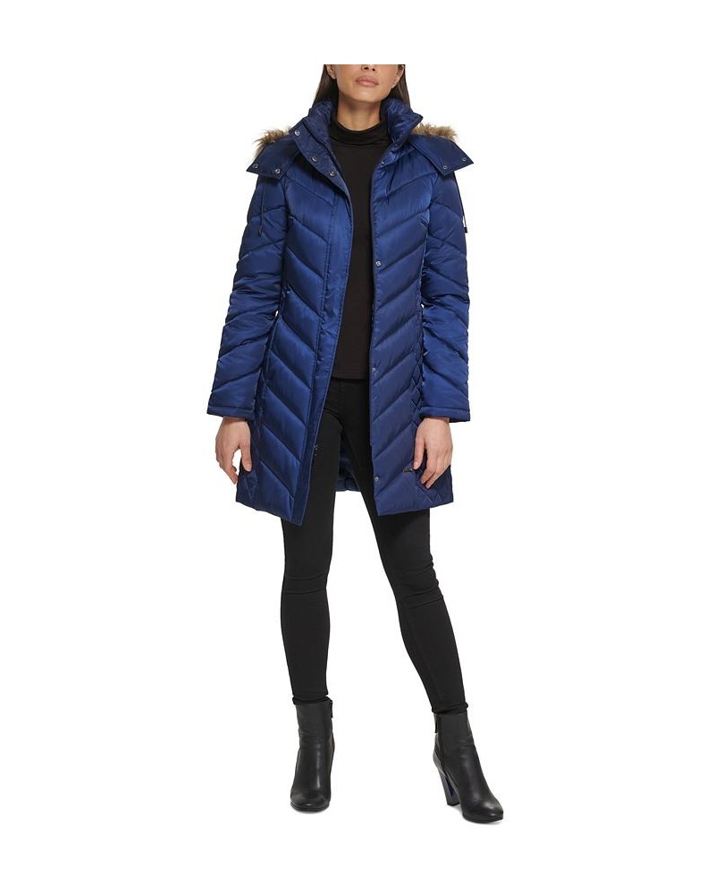 Women's Faux-Fur-Trim Hooded Puffer Coat Navy $78.40 Coats