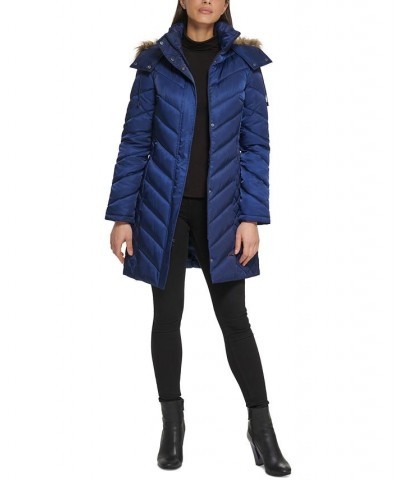 Women's Faux-Fur-Trim Hooded Puffer Coat Navy $78.40 Coats