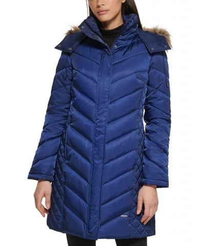 Women's Faux-Fur-Trim Hooded Puffer Coat Navy $78.40 Coats