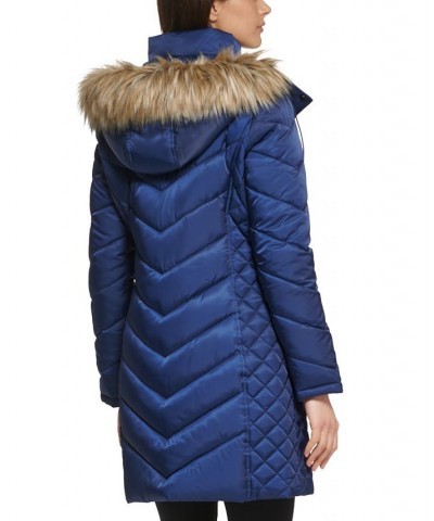 Women's Faux-Fur-Trim Hooded Puffer Coat Navy $78.40 Coats