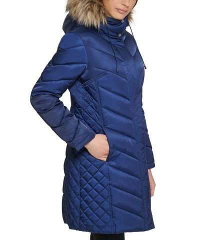 Women's Faux-Fur-Trim Hooded Puffer Coat Navy $78.40 Coats