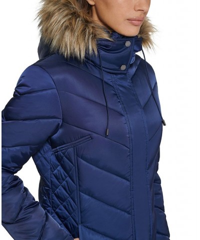 Women's Faux-Fur-Trim Hooded Puffer Coat Navy $78.40 Coats