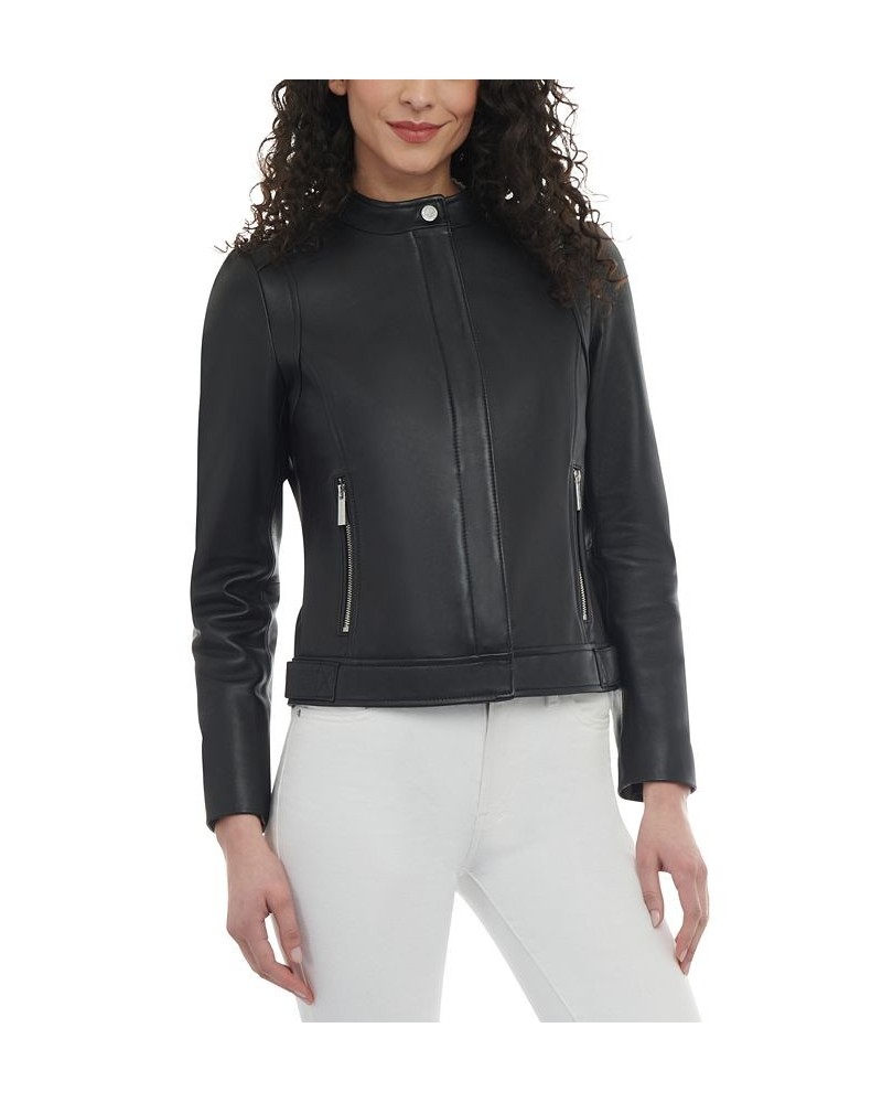 Women's Petite Zip-Front Leather Moto Jacket Black $136.40 Coats