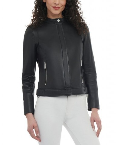 Women's Petite Zip-Front Leather Moto Jacket Black $136.40 Coats