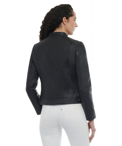 Women's Petite Zip-Front Leather Moto Jacket Black $136.40 Coats