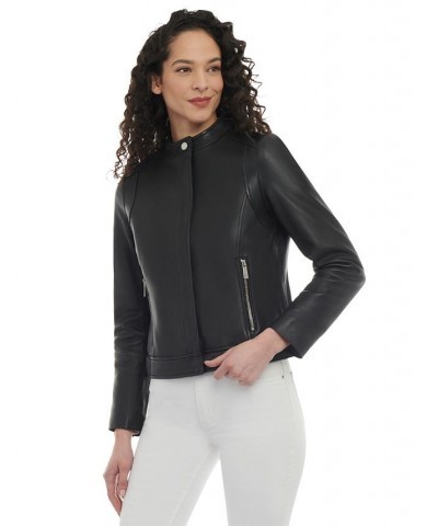 Women's Petite Zip-Front Leather Moto Jacket Black $136.40 Coats