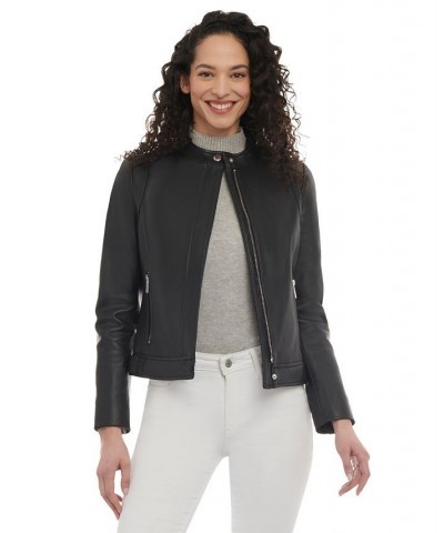 Women's Petite Zip-Front Leather Moto Jacket Black $136.40 Coats