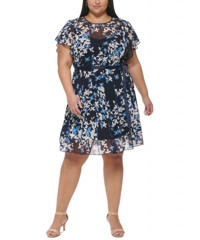 Plus Size Paneled Mesh Flutter-Sleeve Dress Navy Blue $59.60 Dresses