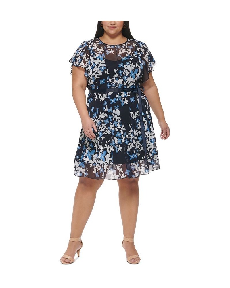 Plus Size Paneled Mesh Flutter-Sleeve Dress Navy Blue $59.60 Dresses