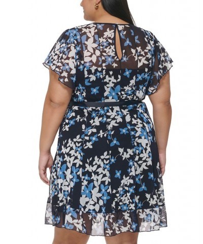 Plus Size Paneled Mesh Flutter-Sleeve Dress Navy Blue $59.60 Dresses