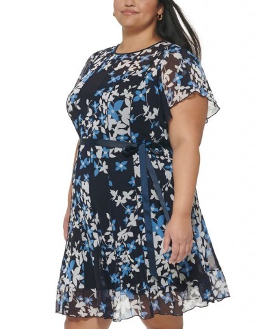 Plus Size Paneled Mesh Flutter-Sleeve Dress Navy Blue $59.60 Dresses