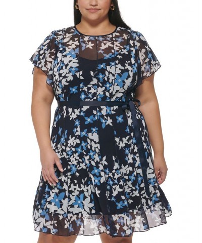 Plus Size Paneled Mesh Flutter-Sleeve Dress Navy Blue $59.60 Dresses