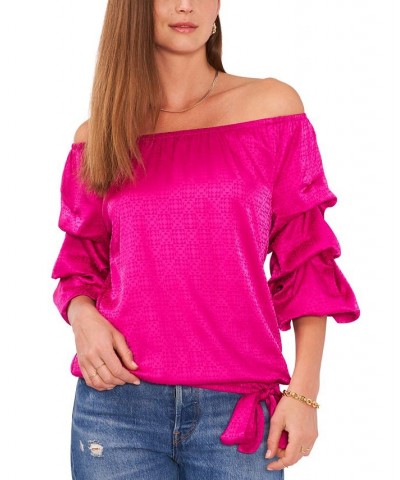 Women's Off Shoulder Bubble Sleeve Jacquard Top Pink $30.33 Tops