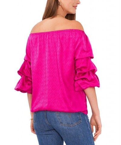 Women's Off Shoulder Bubble Sleeve Jacquard Top Pink $30.33 Tops