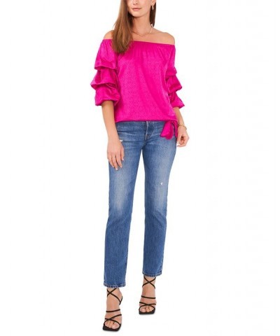 Women's Off Shoulder Bubble Sleeve Jacquard Top Pink $30.33 Tops