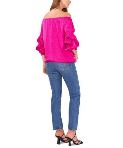 Women's Off Shoulder Bubble Sleeve Jacquard Top Pink $30.33 Tops