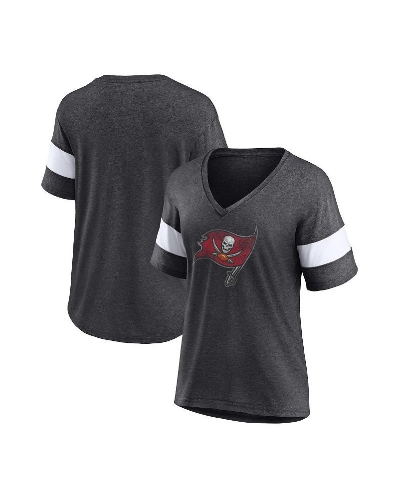 Women's Tampa Bay Buccaneers Distressed Team Tri-Blend V-Neck T-shirt Heathered Charcoal, White $19.32 Tops