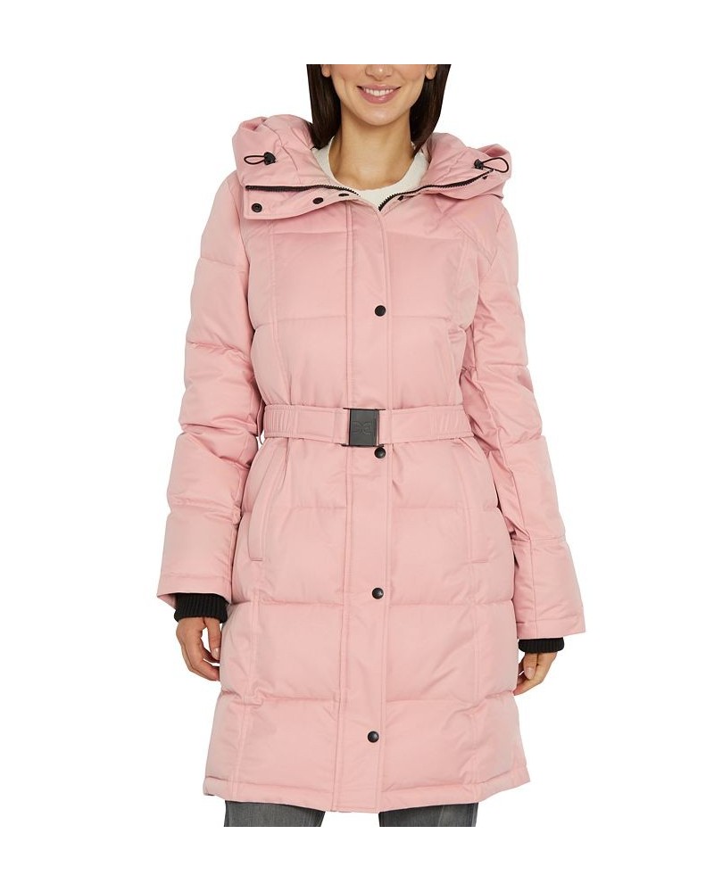 Women's Belted Hooded Puffer Coat Pink $61.20 Coats