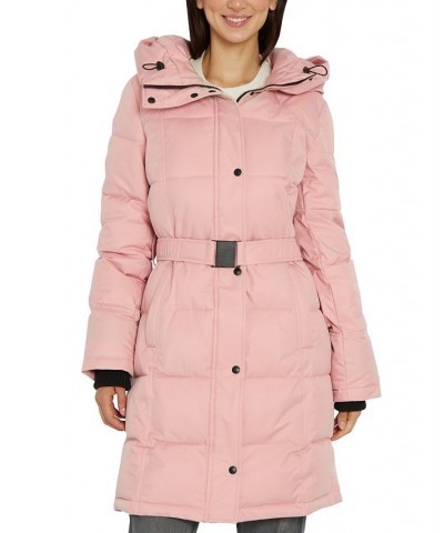 Women's Belted Hooded Puffer Coat Pink $61.20 Coats