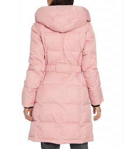 Women's Belted Hooded Puffer Coat Pink $61.20 Coats