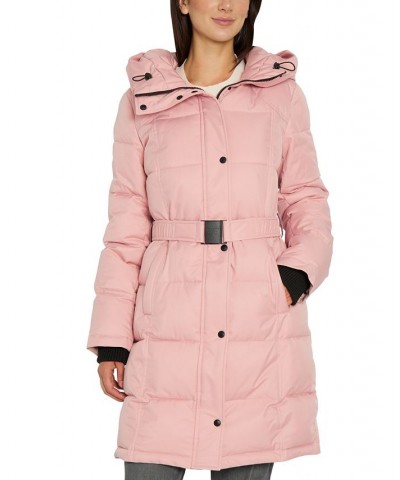 Women's Belted Hooded Puffer Coat Pink $61.20 Coats