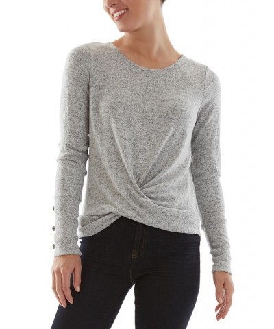 Juniors' Twisted-Hem Button-Trim-Cuff Sweater Heather Grey $13.28 Sweaters