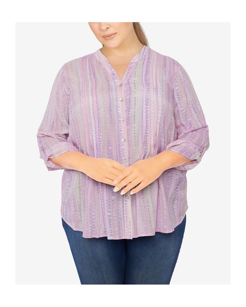 Plus Size Silky Gauze Printed Button Front Top Pink Multi $31.82 Tops