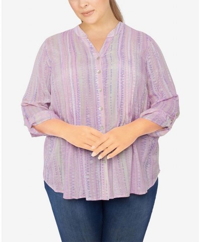 Plus Size Silky Gauze Printed Button Front Top Pink Multi $31.82 Tops