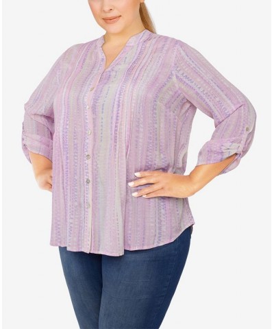 Plus Size Silky Gauze Printed Button Front Top Pink Multi $31.82 Tops