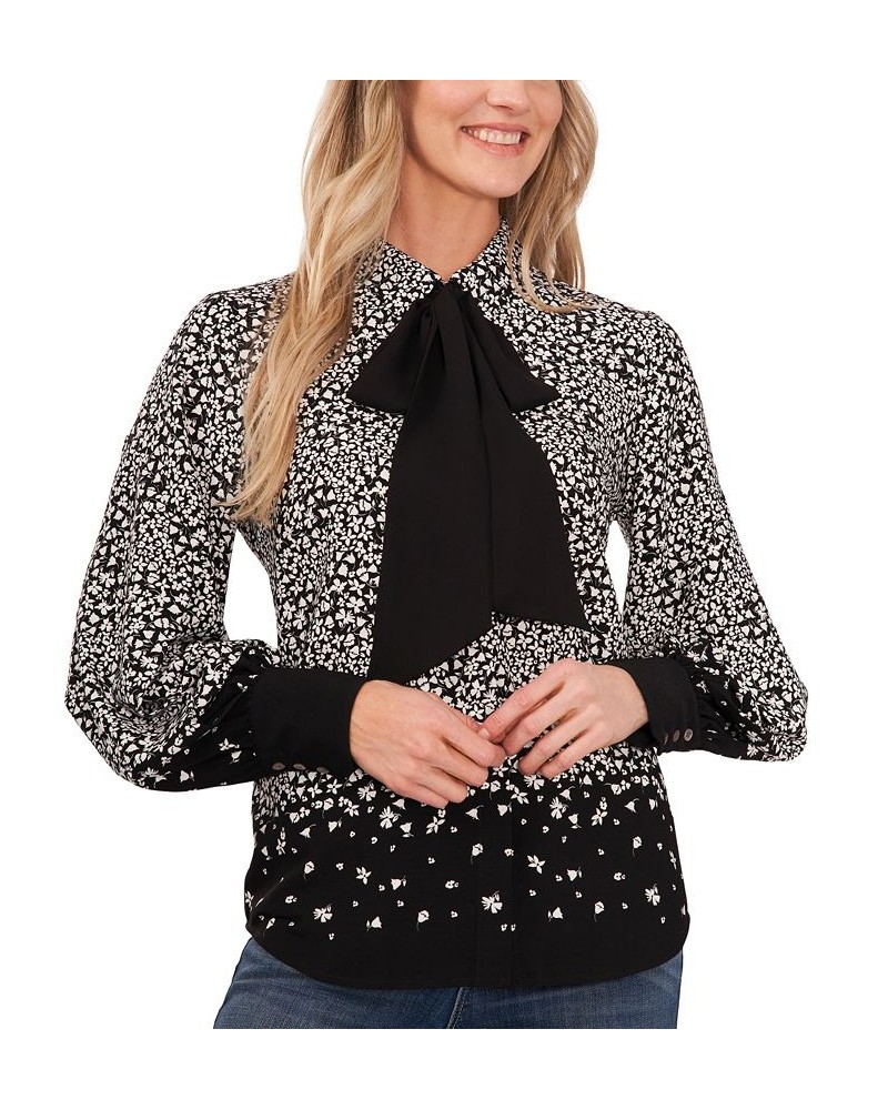 Women's Long Sleeve Ditsy Button-Up Bow Blouse Rich Black $17.15 Tops