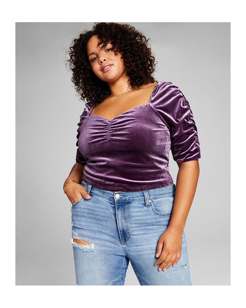 Trendy Plus Size Puff-Sleeve Velvet Top Purple $12.69 Tops