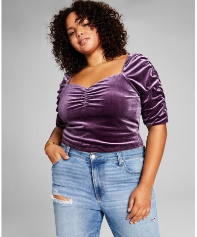 Trendy Plus Size Puff-Sleeve Velvet Top Purple $12.69 Tops